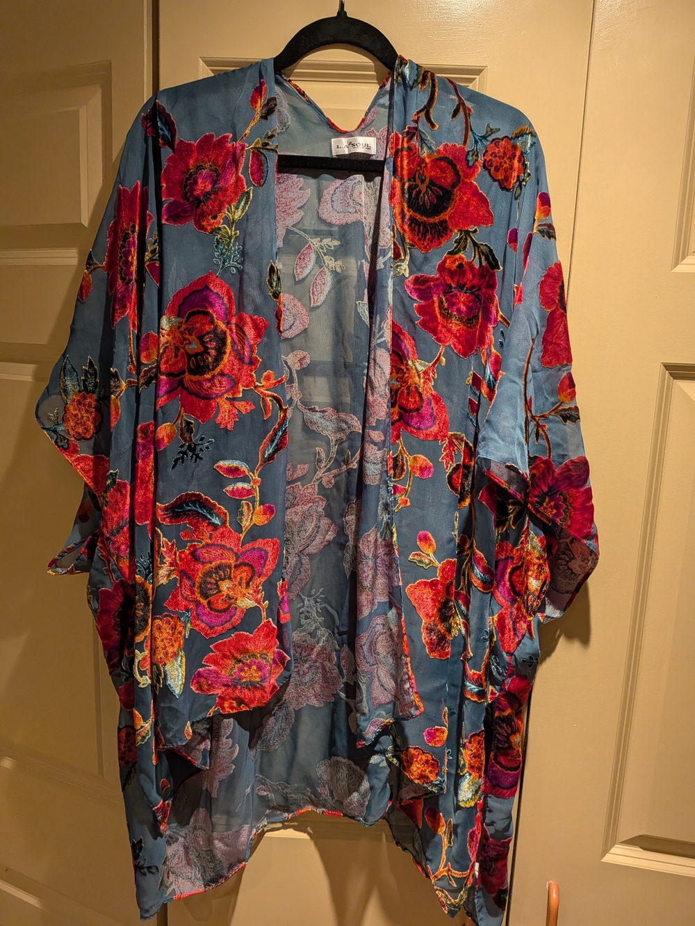 Floral Velvet Burnout Kimono Jacket - Blue & Pink One Size
